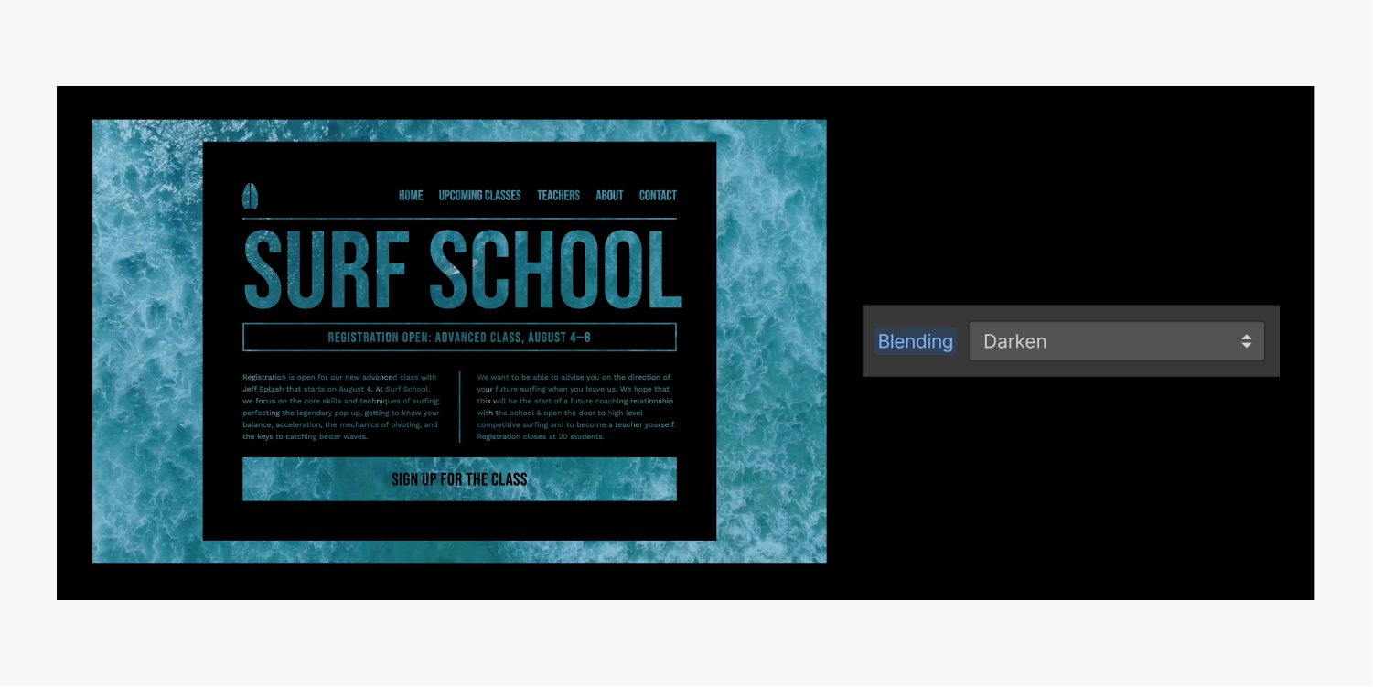 Blending is set to darken and the video background can be seen through nested elements in a black div block.