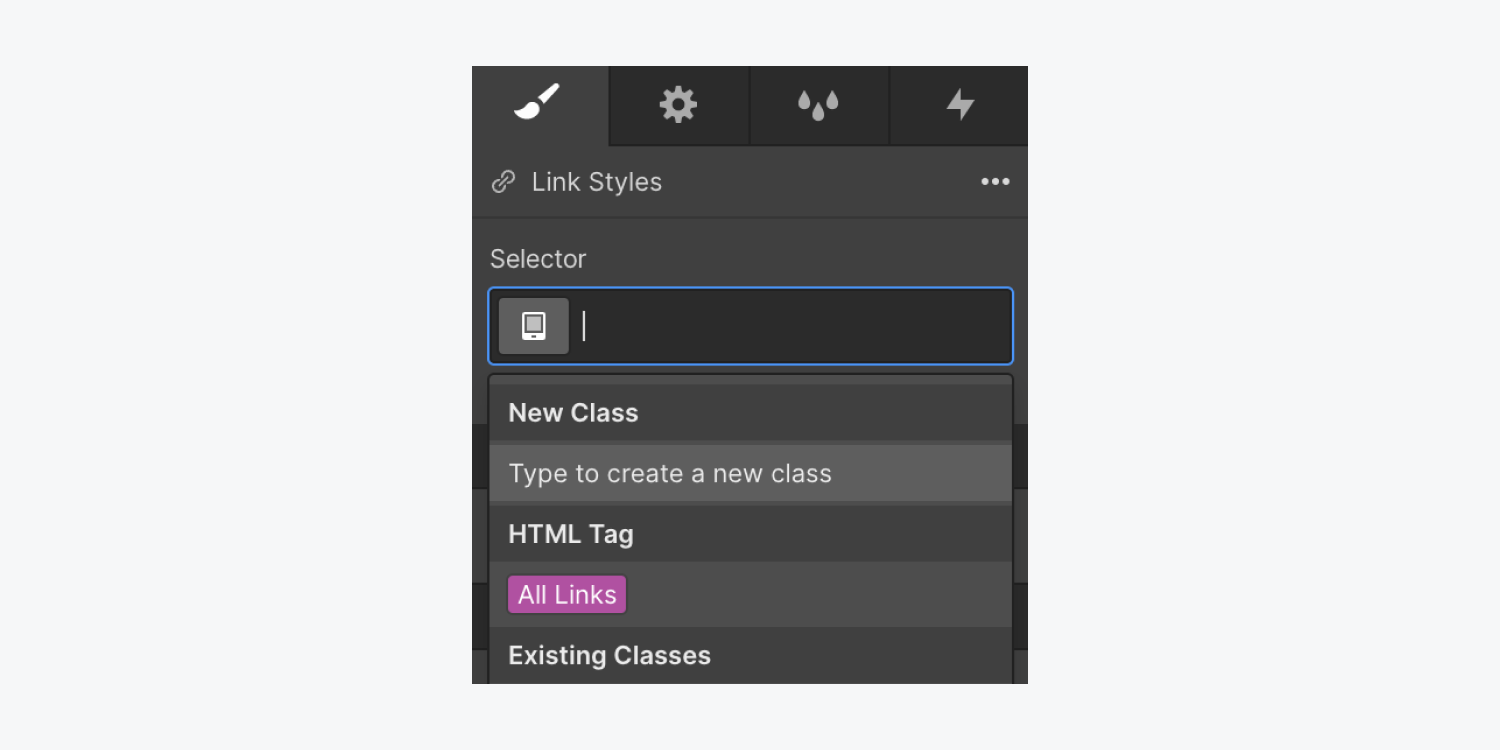 In the Style Panel, the All links tag is shown in the Selector field.