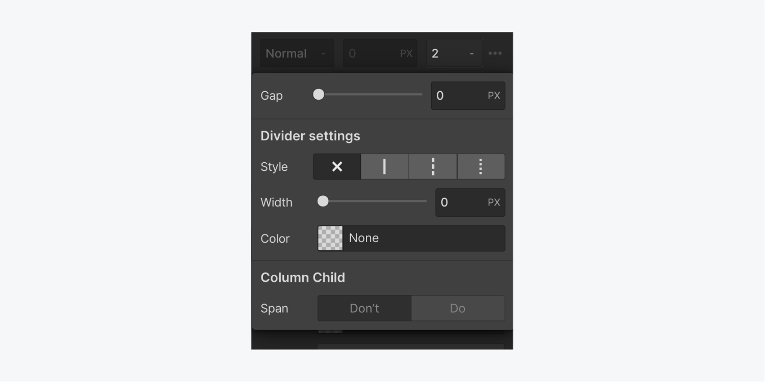 The Text column properties panel is open displaying settings for the Gap, Divider settings and for Column child.