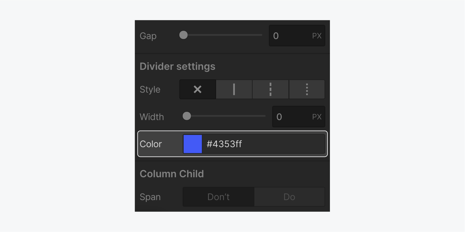 The Divider settings section of the text column properties panel has a color setting #4353ff. The color section is highlighted on the panel.
