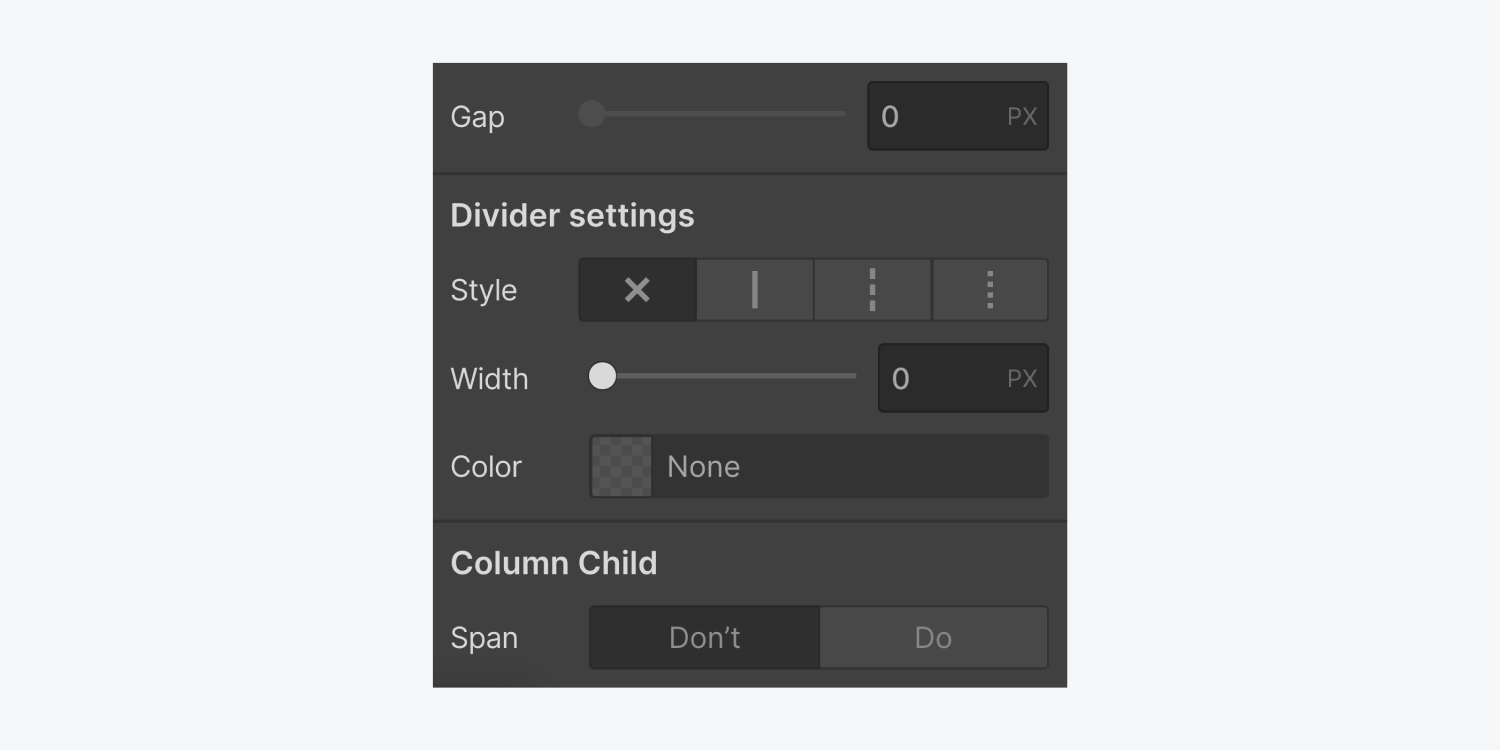 The text column properties panel includes customization fields for Gap, Divider settings and Column Child.