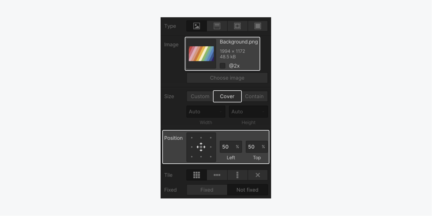 In the Backgrounds section of Webflow's Style panel, set the image, set its size to "Cover," and choose its position (e.g., the center dot)
