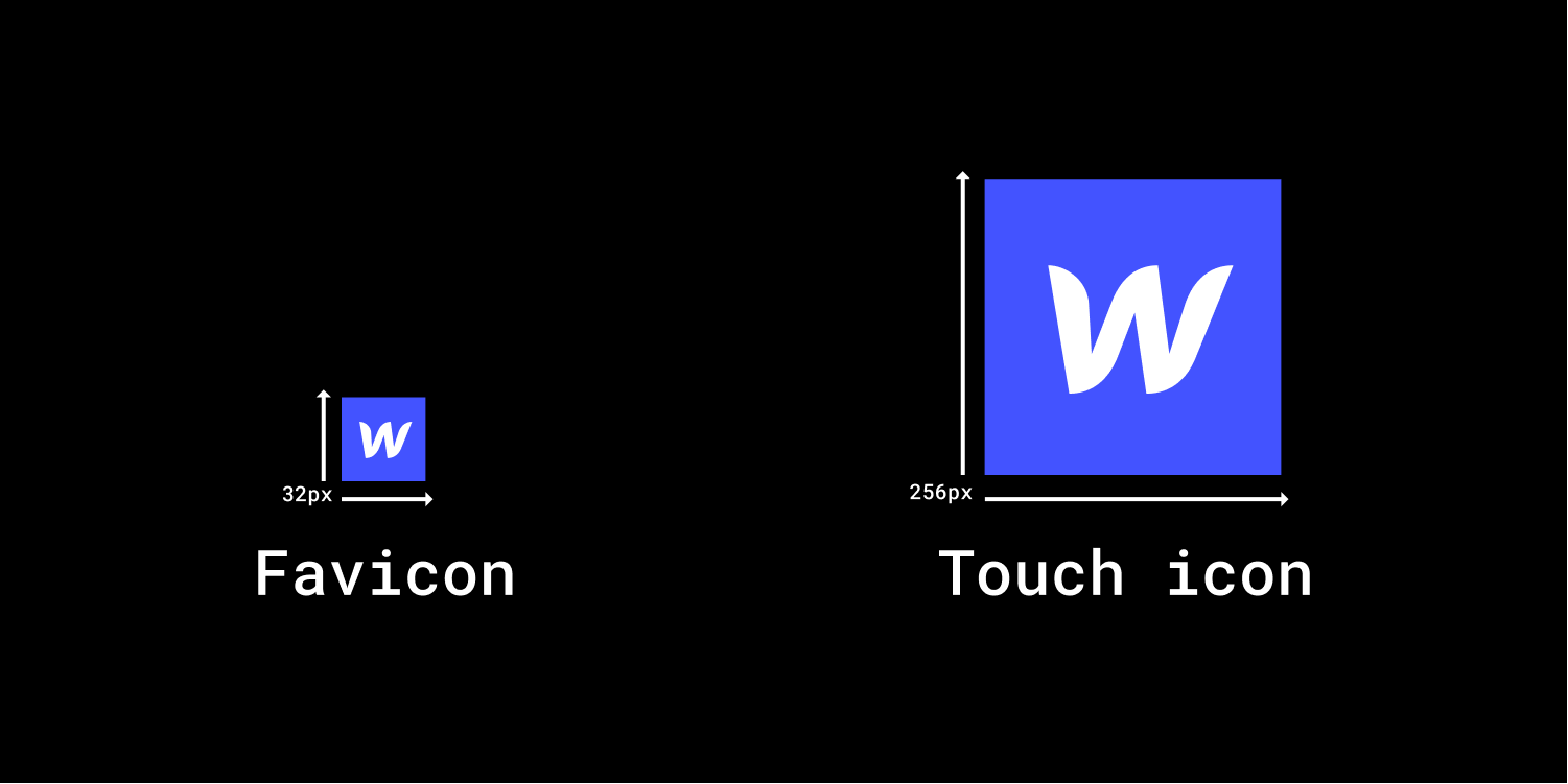 A diagram includes two Webflow emblem W symbols. Dimensions are specified with arrows and a digit number. On the left, the symbol should be 32 px.