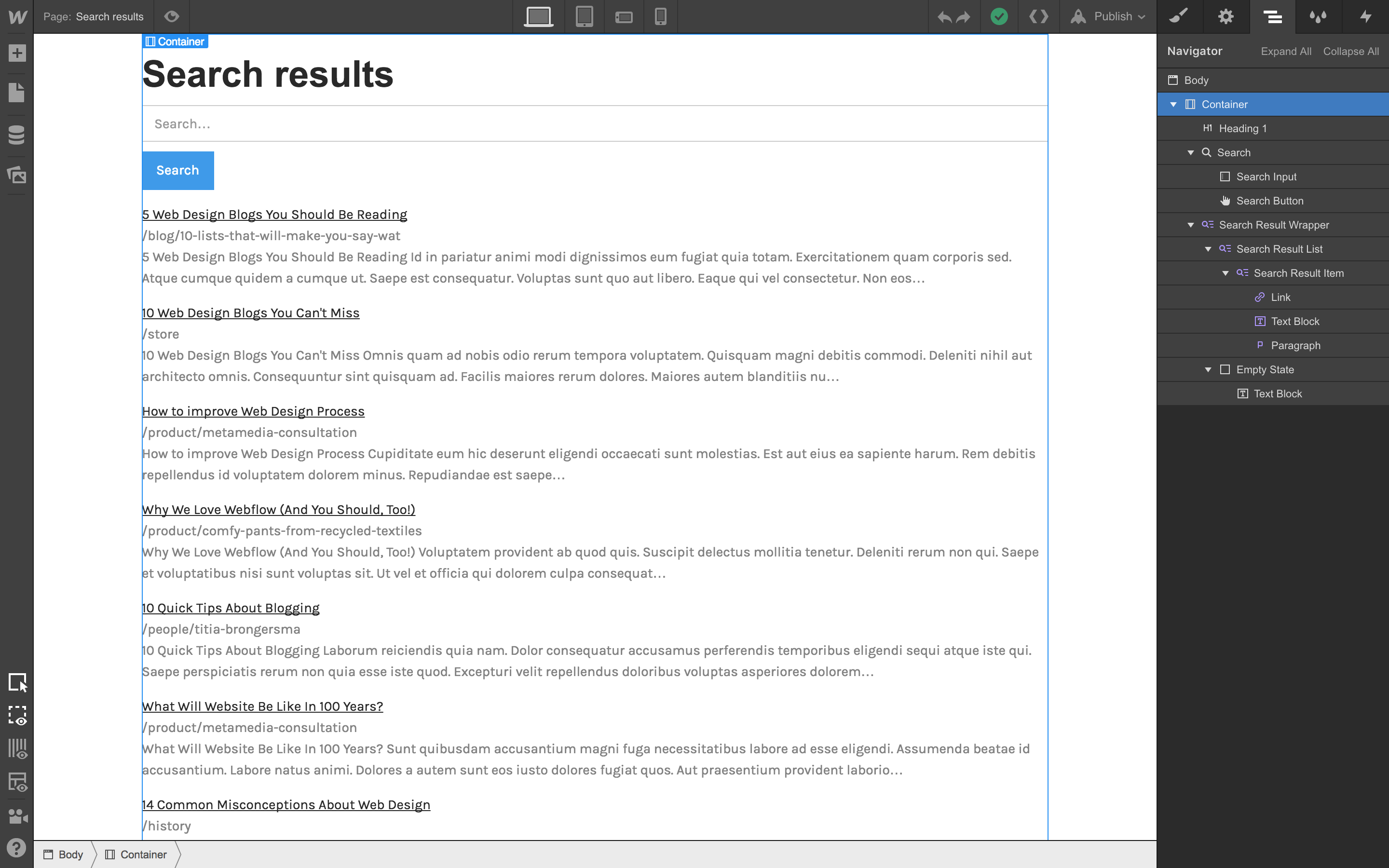 Initial layout of a search results page, with sample results provided to assist in designing before site publication.